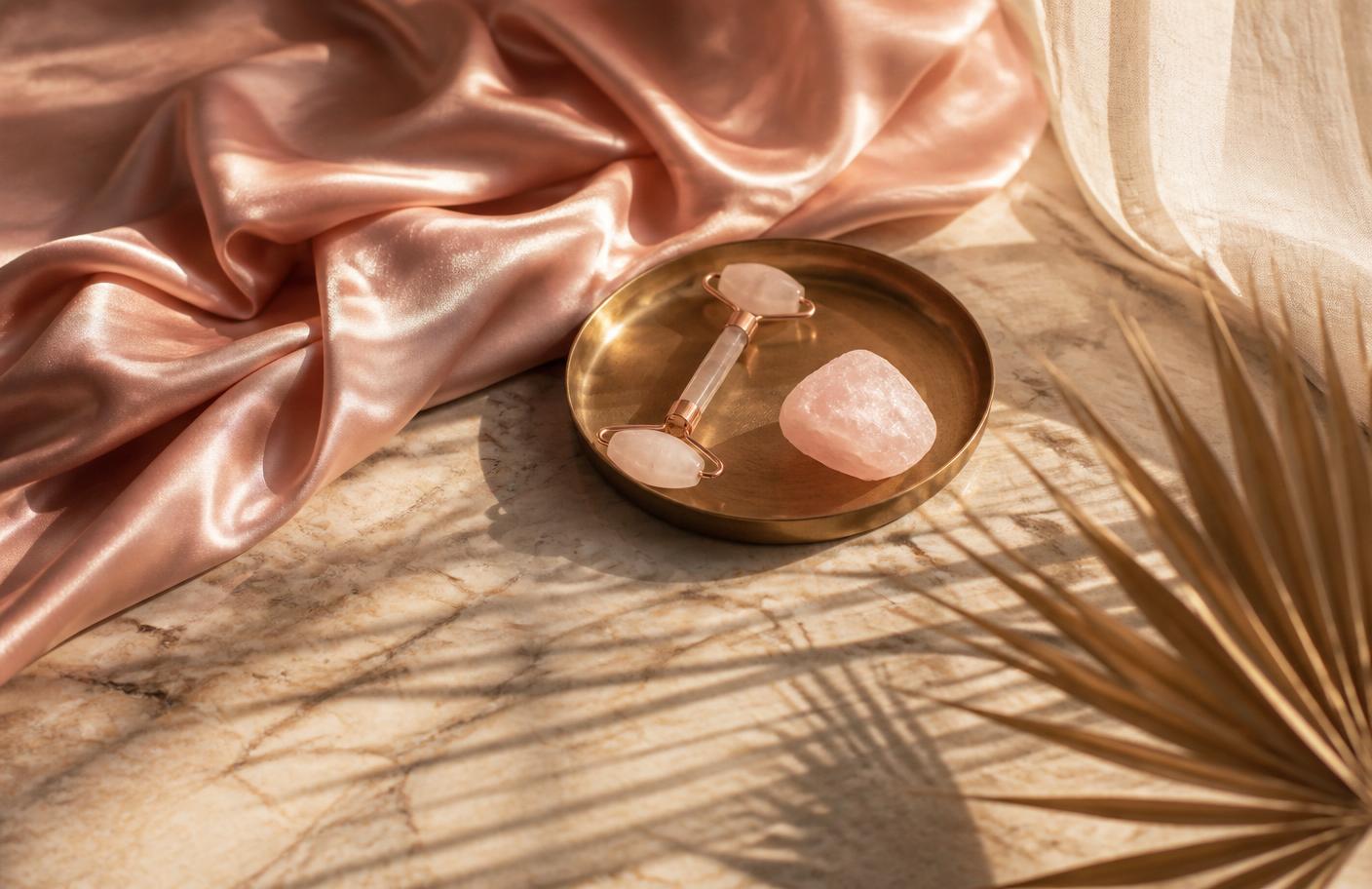 Blush silk and rose quartz on marble